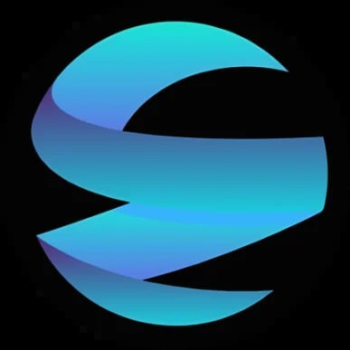 Abstract blue and cyan gradient logo with interlocking curved ribbon shapes on black background