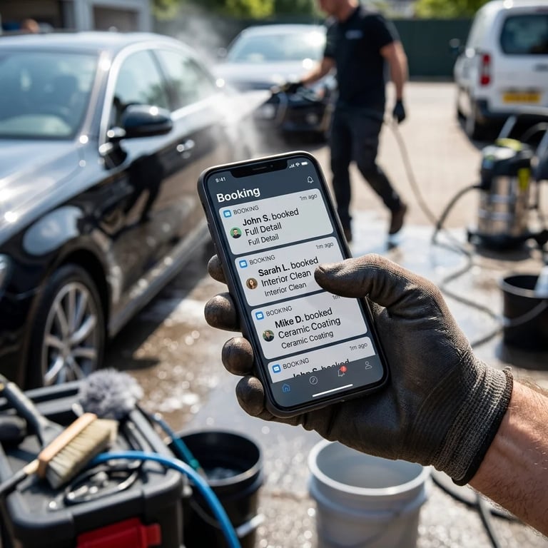 Person in work gloves holds smartphone displaying booking list at car detailing site with vehicles and equipment in background