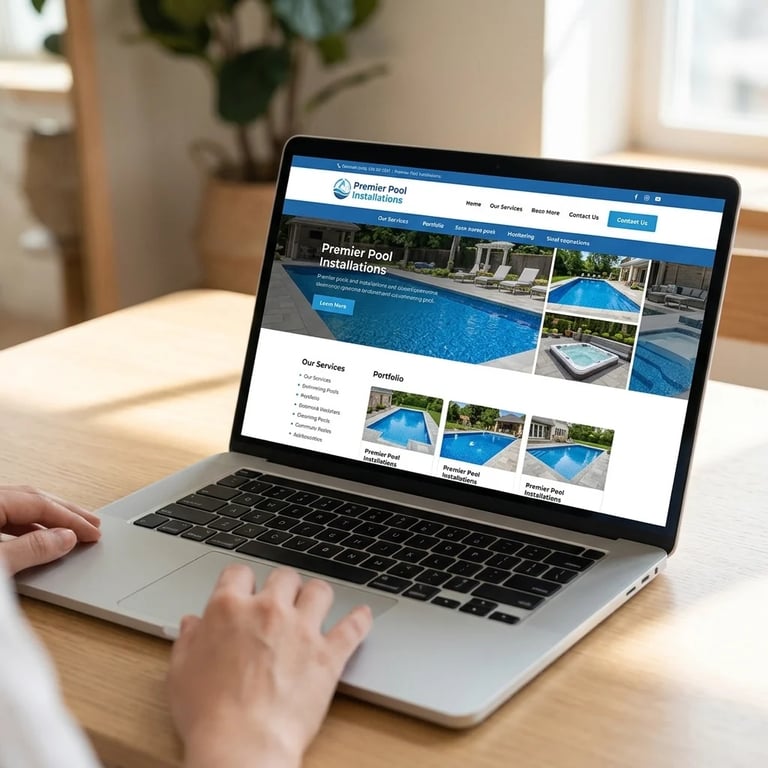 Persons hand on a laptop displaying a Premier Pool Solutions website with swimming pool images and services