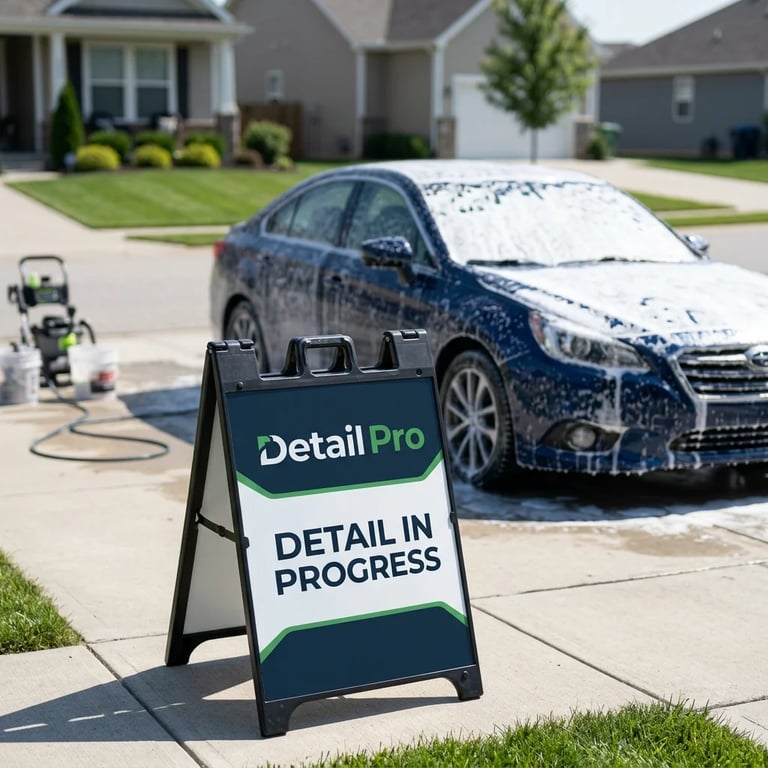 Detail Pro sign reading Detail In Progress on driveway with technician washing blue sedan in residential neighborhood