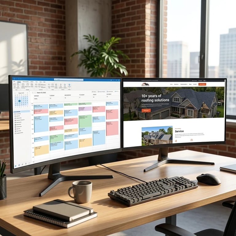Dual monitor desk setup showing project management calendar on left monitor and real estate website on right monitor, with keyboard, mouse, and coffee mug on wooden desk in modern office.