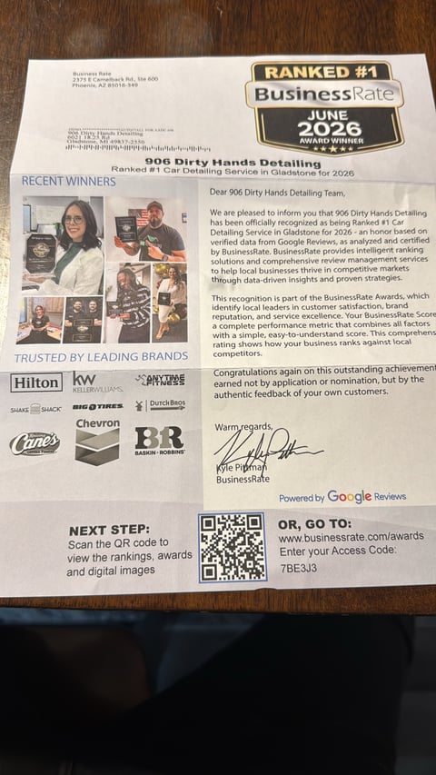 Business Rate award certificate for 906 Dirty Hands Detailing ranked #1 for June 2026 in Gladstone