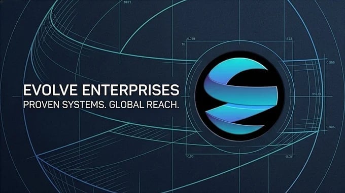 Evolve Enterprises logo with blue geometric shapes on dark tech background displaying tagline Proven Systems. Global Reach.