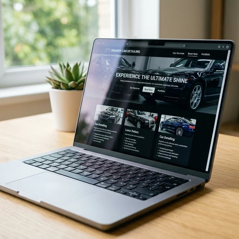 Laptop displaying a car detailing website with Experience the Ultimate Shine headline, on a wooden desk with a potted plant