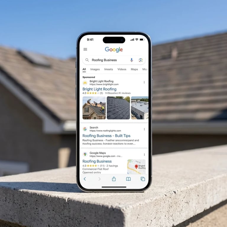 Smartphone displaying Google search results for roofing business on a roof with houses blurred in background