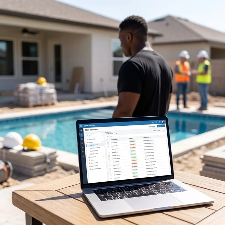Laptop displaying spreadsheet on wooden table by swimming pool with construction workers in background