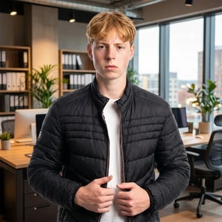 Young man with reddish-blonde hair wearing a black puffer jacket over a white shirt, standing in a modern office with large windows and plants in the background