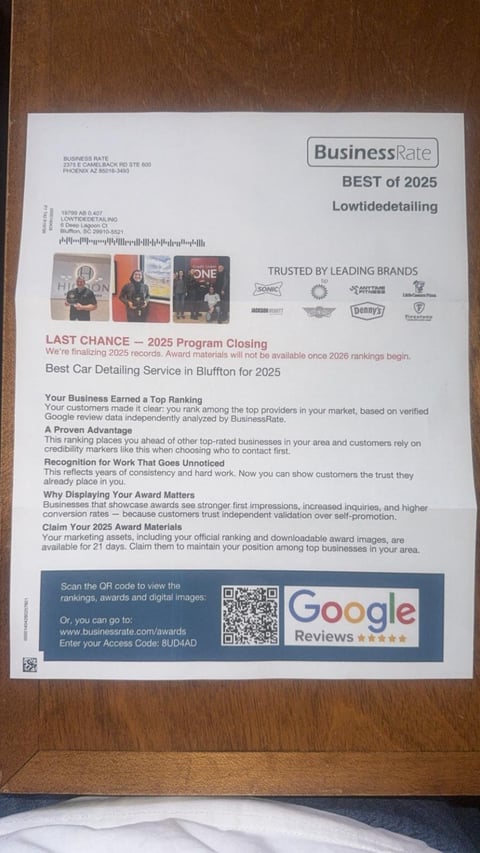 BusinessRate award certificate for Lowtidedetailing, Best of 2025 Best Car Detailing Service in Bluffton